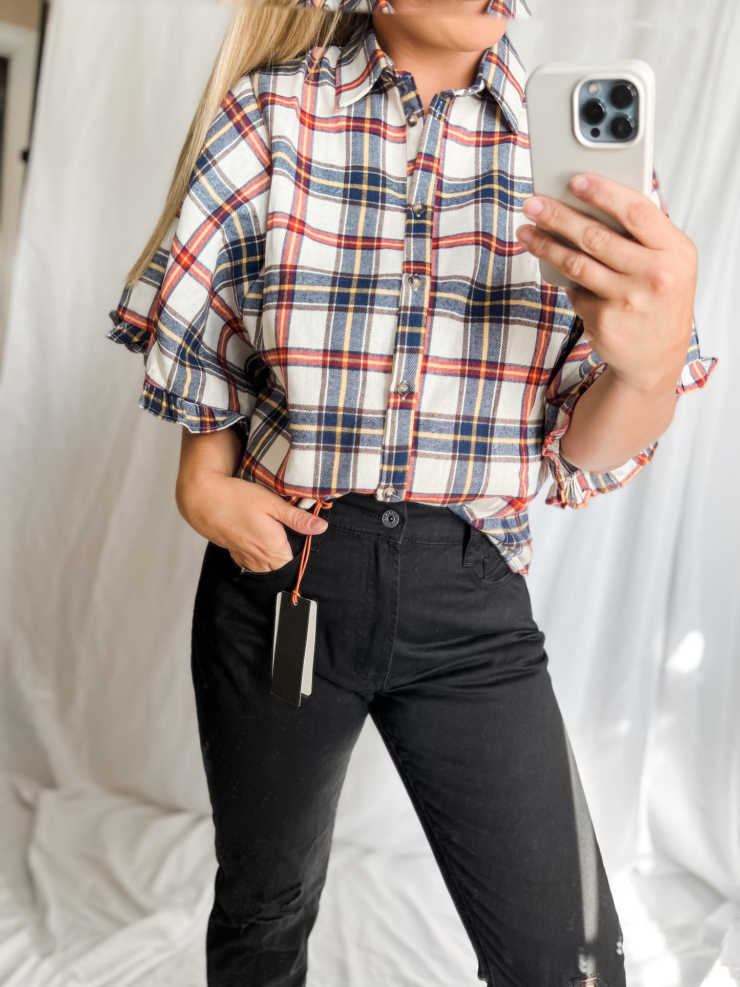 Ruffle Sleeved Plaid Top